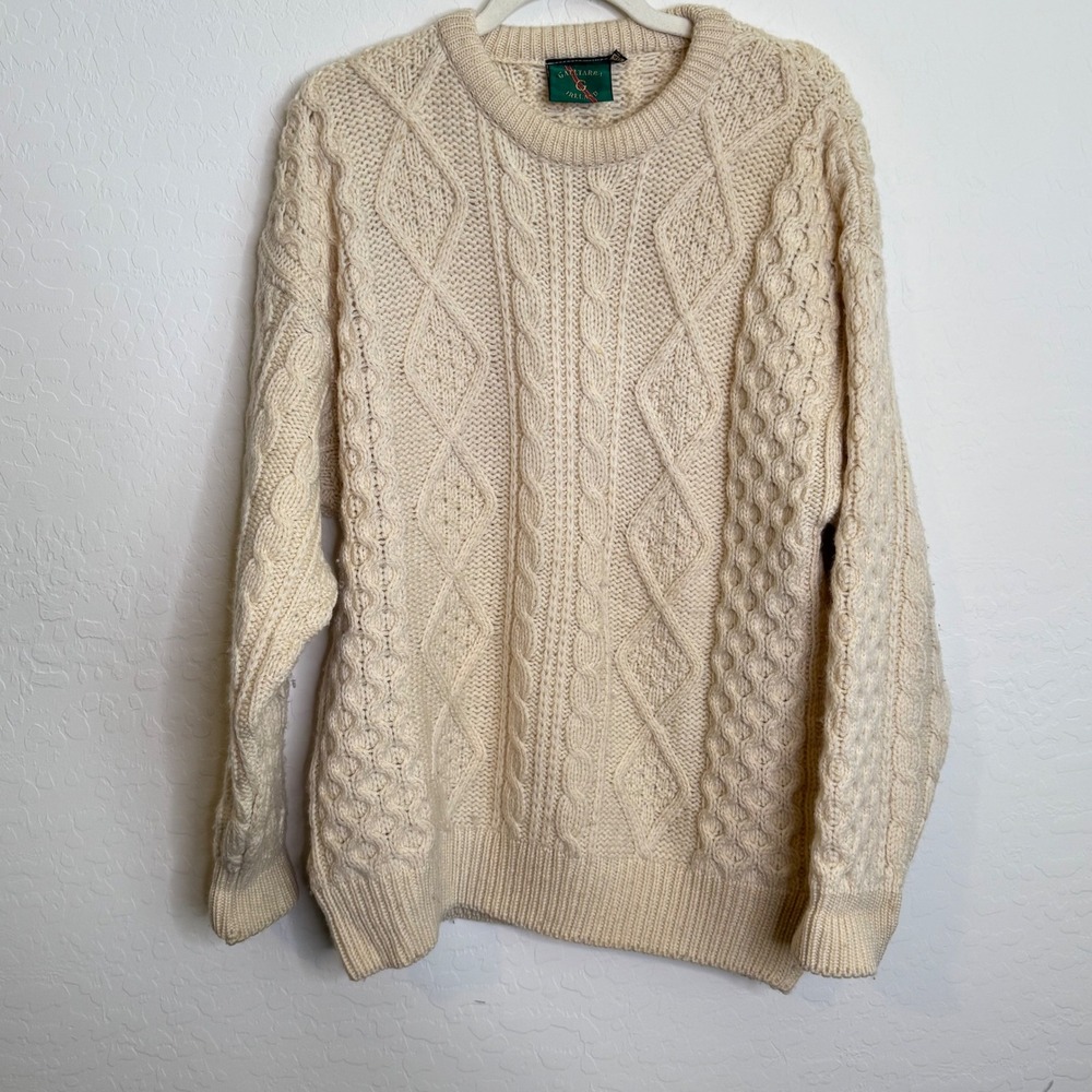 Gaeltarra 100% Wool Sweater 40 Cream Cable Knit Fisherman Ireland Chunky Cabin